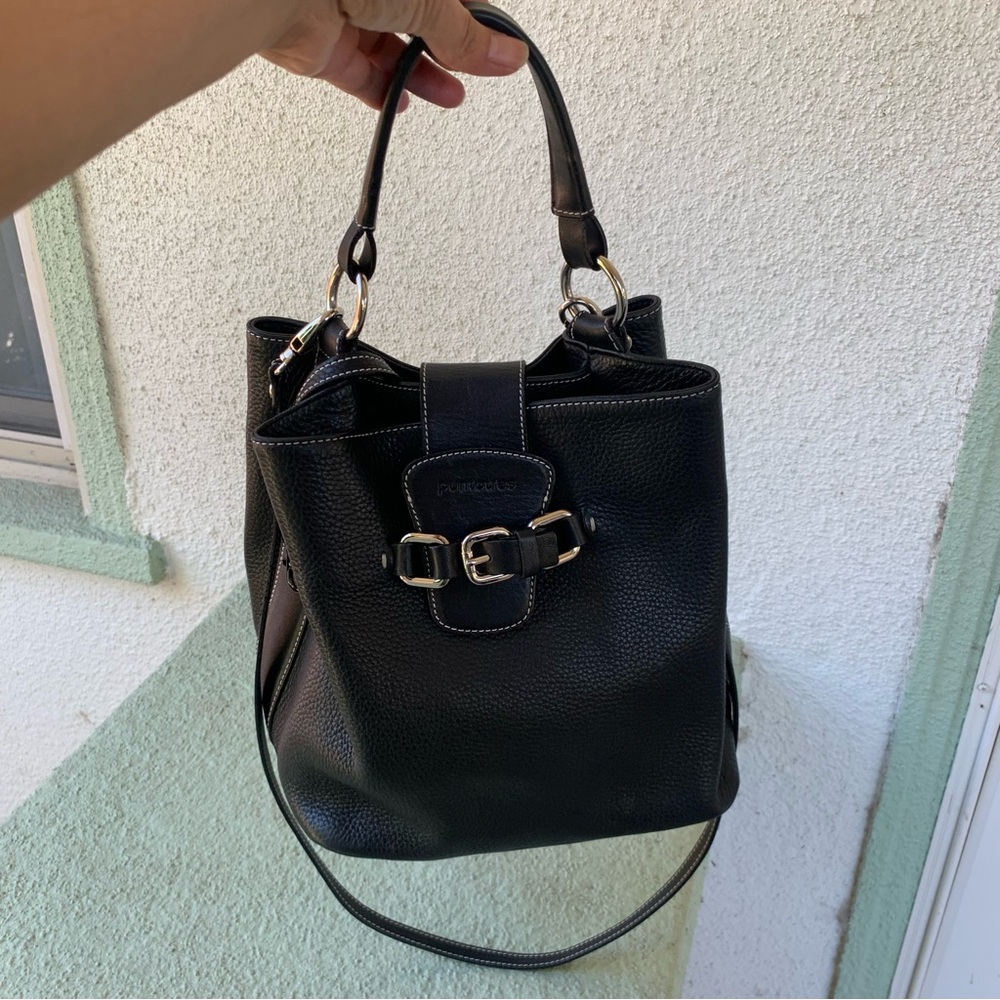 Puntotres Black Pebbled Leather Crossbody Satchel Bucket Handbag Made in Spain